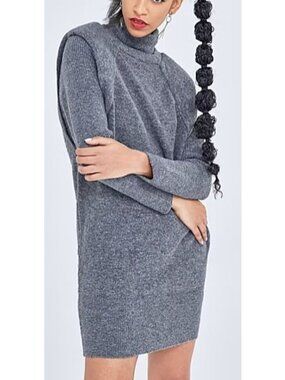 New York & Co Gabrielle Bold-Shoulder Sweater Dress, Charcoal, S